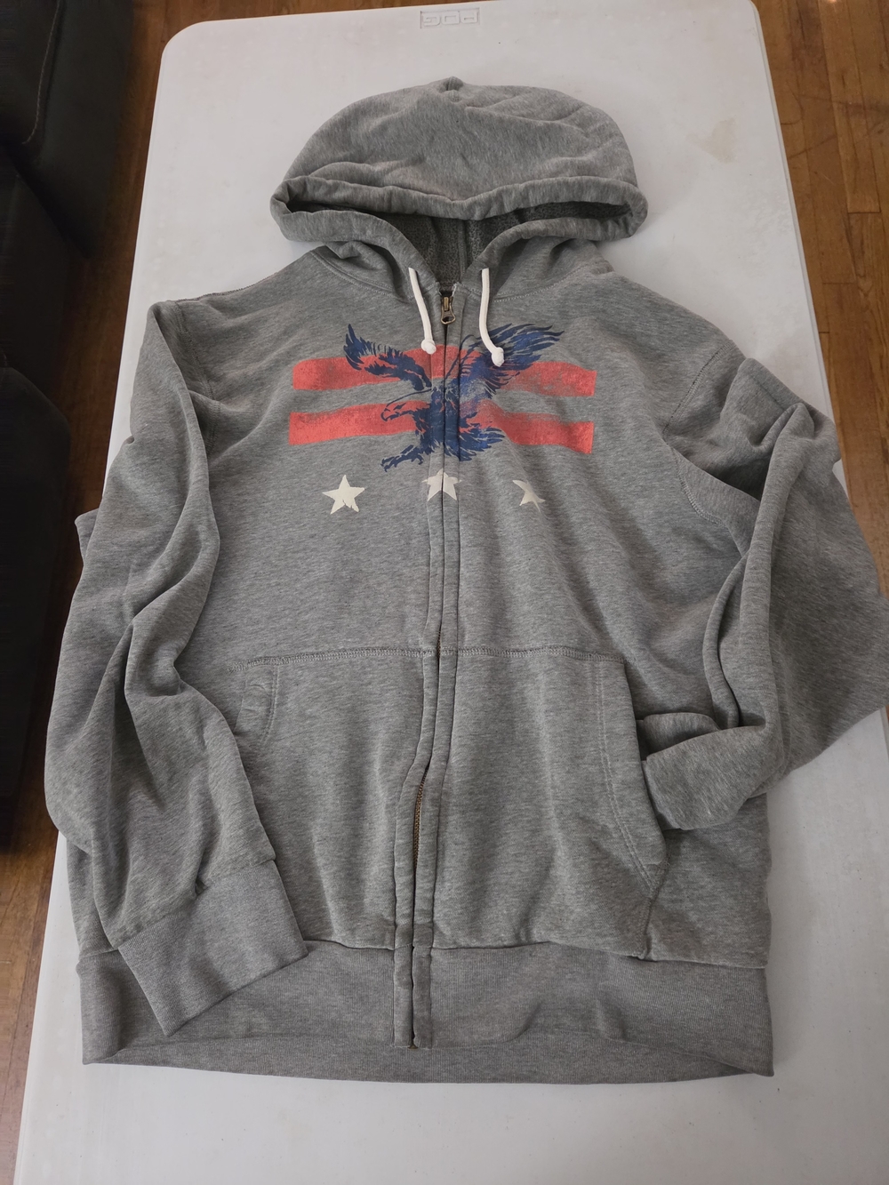 American Eagle Outfitters Gray Zip-Up Hoodie with Red & Blue Eagle Graphic